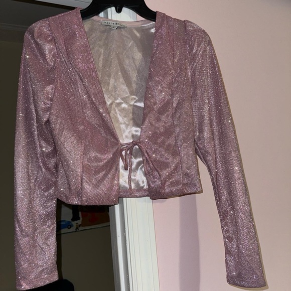 Haute Monde Tops - Pink Glitter Long Sleeve Blouse with Front Tie Closure
